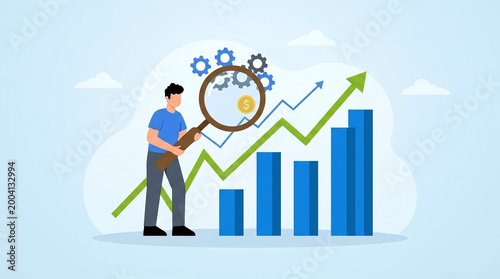 Detailed 4K motion graphic depicting professional executive using lens to scrutinize financial statistical data charts and growth marketing market trend development visual metrics.