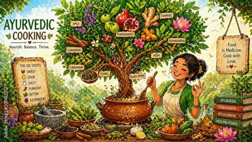 Cheerful Illustration of Ayurvedic Ingredients Forming a Tree