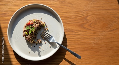 Small portion of healthy quinoa salad on light plate with metal fork on wooden table. Mindful eating concept for weight management and GLP 1 treatment. Conscious food choice and diet.