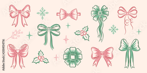 Christmas Ribbon Bow Icons Set – Hand Drawn Gift Bows, Holiday Decoration Elements