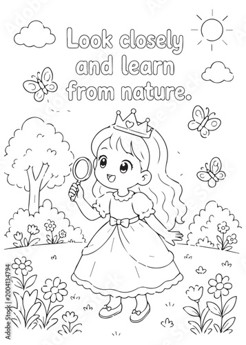 coloring book queen exploring nature closely with a magnifying glass