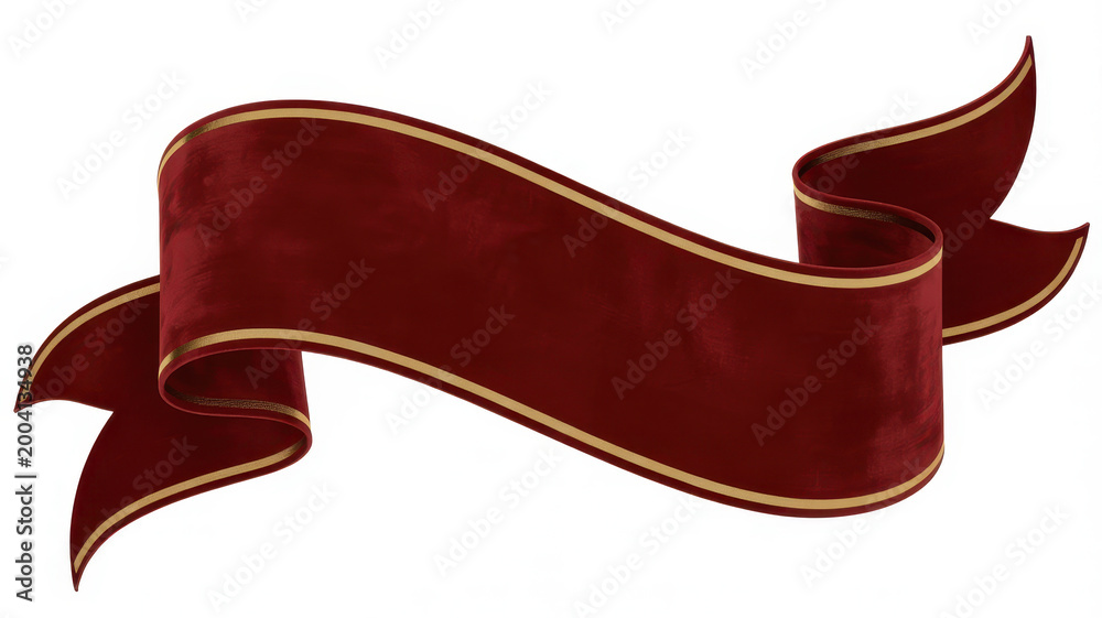 Obraz premium Wavy dark red ribbon banner with gold trim isolated on a white background for