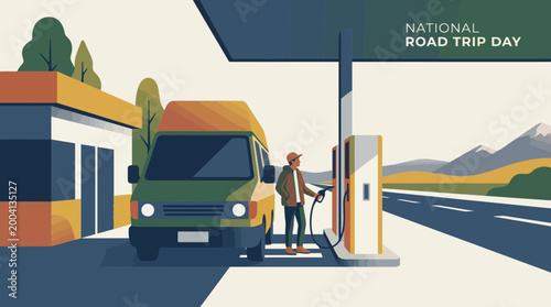 National Road Trip Day Illustration with Van at Gas Station