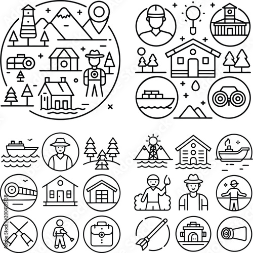 Vector elements set: an illustration featuring a collection of graphic line icons representing various elements related to lifestyle and outdoor adventures.