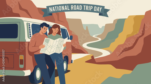 Couple Planning Route During Road Trip with Van in Canyon Landscape