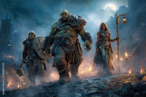 Dark fantasy orc clan raid: muscular hunter, veteran shield-woman, and rune-wielding shaman marching through smoke
