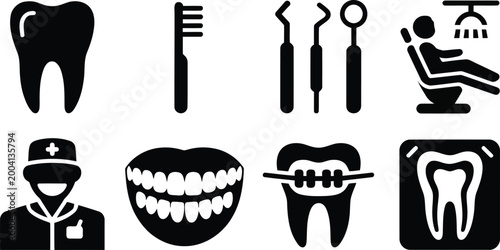 Set of black dental icons for oral health care and professional stomatology and dentistry clinic services