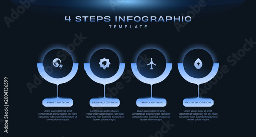 Neon gradient tech infographic template with 4 step UI layout, AI data analysis icons, charts, pie graphs, workflow diagram, dark background, editable design for business report presentation