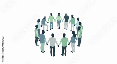 Team collaboration circle with diverse professionals holding hands in unity. Vector illustration of group teamwork concept. Business teamwork illustration for corporate presentations.