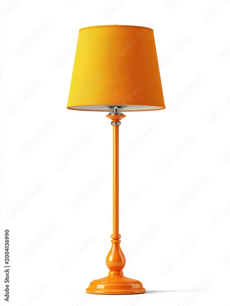 Fototapeta premium Orange Floor Lamp With Textured Lampshade And Ornate Base In White Studio Lighting