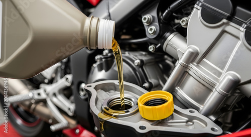 Changing the oil in a motorcycle engine with a yellow cap and pouring nozzle; a close-up image for car and motorcycle maintenance.