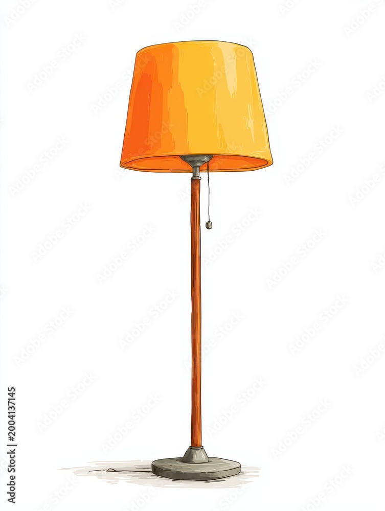 Obraz premium Orange Lampshade Floor Lamp With Wooden Pole And Gray Base Isolated On White