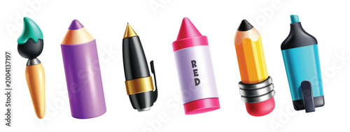 School 3d elements clipart set. 3d School supplies and art materials cute clip art elements like paint brush, color pencil, crayon, marker and pen collection in white background vector illustration. 