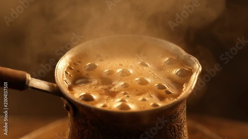 Extreme close up of black coffee boiling with bubbles and steam in hot beverage preparation