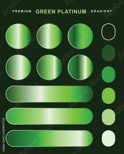 Green platinum metallic gradient vector set. Featuring shiny circular badges and rounded rectangular buttons. Color palette swatches on dark background.