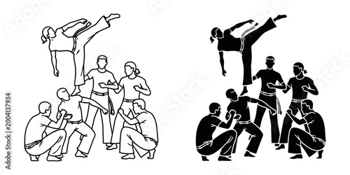 Capoeira icon set with outline and silhouette martial arts fighters, white background