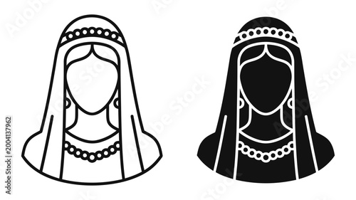 Bride icon set with veil and jewelry, outline and solid silhouette, white background