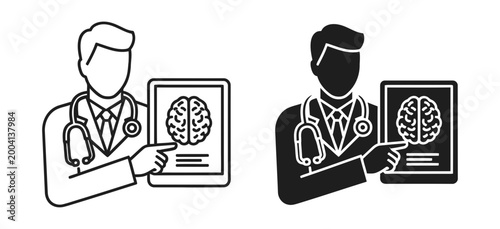 Neurologist doctor icon set with brain scan tablet, outline and solid style, white background