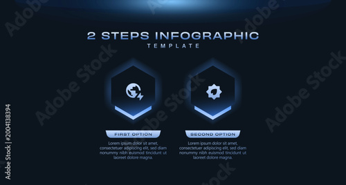 2 step hexagon infographic template for business concepts, dark blue gradient workflow diagram, info chart modern data presentation layout. Clean vector illustration with process infographics elements