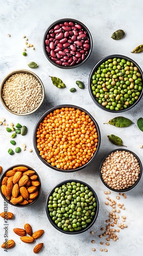 Various colorful dry beans and lentils in small bowls