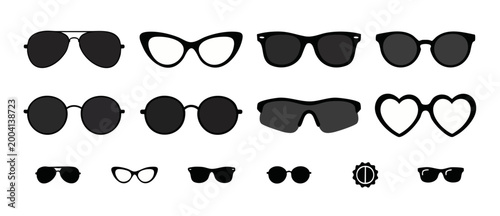 Sunglasses icons set, trendy eyewear frames and glasses shapes collection for fashion design, isolated black silhouette collection of summer accessories for summer vacation style, vector illustration