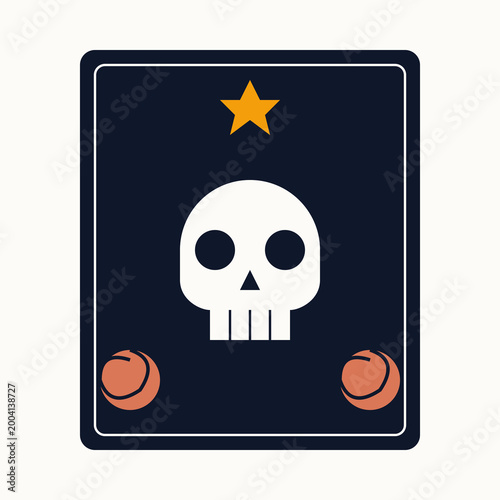 Minimalist occult tarot card illustration featuring a white skull yellow star and orange floral elements.