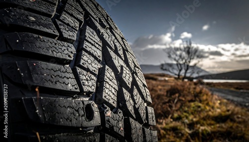Close-up of tire tread with landscape background