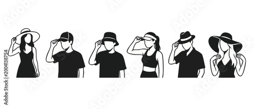 People wearing hats collection, minimalist style silhouettes set, diverse fashion headwear accessories for men and women, summer style icons for clothing apparel branding, elegant vector graphic desig