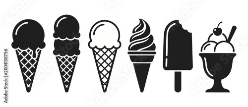 Ice Cream Icons Set, Vector Black Silhouettes Collection on White Background, Assorted Frozen Dessert Designs for Menu, Cafe Signage, Summer Food Graphics, Minimalist Food Illustration for Branding
