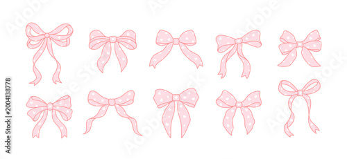Cute Pink Bow Set with Heart Pattern, Kawaii Ribbon Collection, Hand Drawn Decorative Bows Clipart