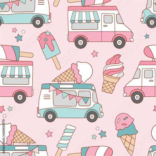 Seamless vector pattern with cute ice cream truck and ice cream. Hand drawn summer vaction illustration. Perfect for textile, wallpaper or nursery print design.