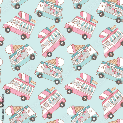 Seamless vector pattern with cute ice cream truck and ice cream. Hand drawn summer vaction illustration. Perfect for textile, wallpaper or nursery print design.