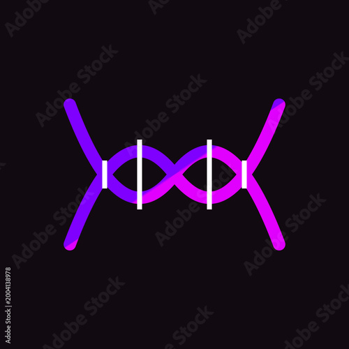 Minimalist purple DNA double helix strand graphic isolated on a dark black background scientific illustration