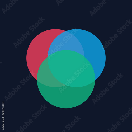 Vibrant geometric composition featuring three intersecting transparent circles in red blue green on dark navy