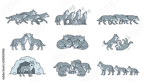 Wolf pack behavior set, wolves in action collection isolated on white background, group of wild grey wolves howling, sleeping, eating and walking, flat vector illustration character design set for des