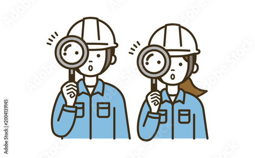 虫眼鏡で調査し驚く作業員の男女ペアセット｜白ヘルメット・徹底点検・発見・チーム