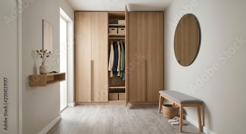 Simple hall interior with built in wardrobe, mirror, and bench, creating a realistic residential storage scene focused on organization and daily home use.