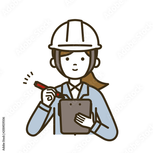 作業服とブラウスでバインダーに記入する女性技術者のイラスト｜白ヘルメット・記録・報告