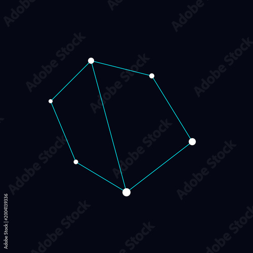 Geometric star constellation map with white nodes and cyan lines on dark navy blue illustration