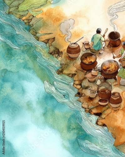 Serene Watercolor Illustration of Ayurvedic Cooking by the River
