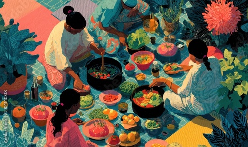 Lively Illustration of Ayurvedic Cooking at a Wellness Retreat
