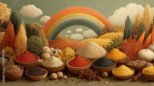 Playful Cartoon Illustration of Ayurvedic Spices as a Rainbow
