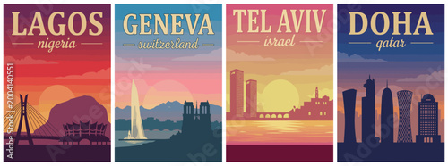 Skyline silhouettes travel poster set. Including lagos nigeria, geneva switzerland, tel aviv israel, and doha qatar. Retro vector wall art prints.