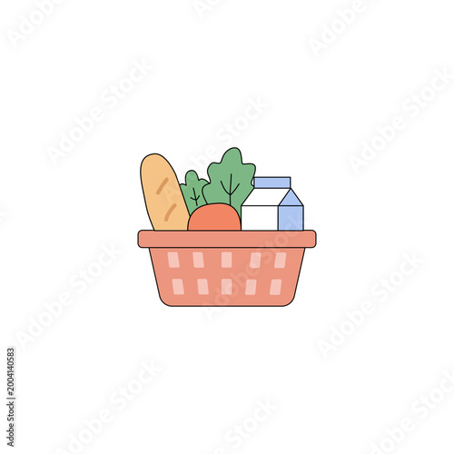 Grocery Basket with Fresh Food and Milk Flat Vector Icon