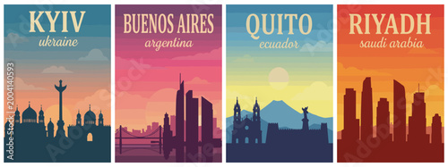 Skyline silhouettes travel poster set. Including kyiv ukraine, buenos aires argentina, quito ecuador, and riyadh saudi arabia. Retro vector wall art prints.