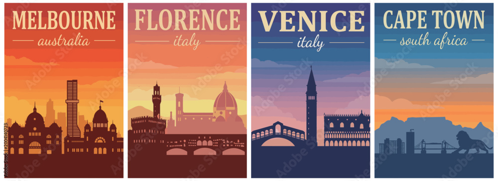 Fototapeta premium Vintage skyline silhouettes travel poster set. Including Melbourne Australia, Florence Italy, Venice Italy, and Cape Town South Africa. Retro vector illustration.