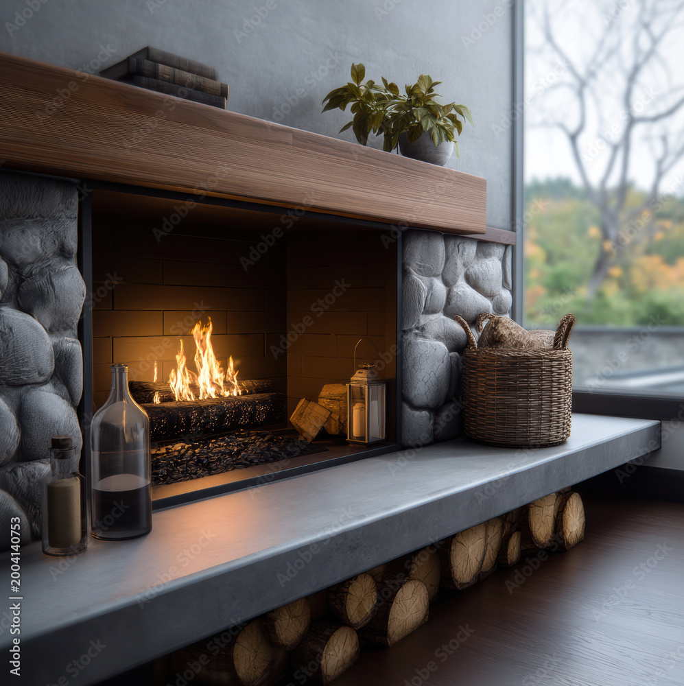 Fototapeta premium Modern fireplace stone surround wood mantel burning fire cozy interior basket glass bottle lantern window view