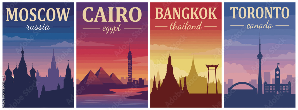 Obraz premium Vintage skyline silhouettes travel poster set. Including Moscow Russia, Cairo Egypt, Bangkok Thailand, and Toronto Canada. Retro vector illustration.