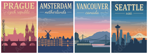 Vintage skyline silhouettes travel poster set. Including Prague Czech Republic, Amsterdam Netherlands, Vancouver Canada, and Seattle USA. Retro vector illustration.