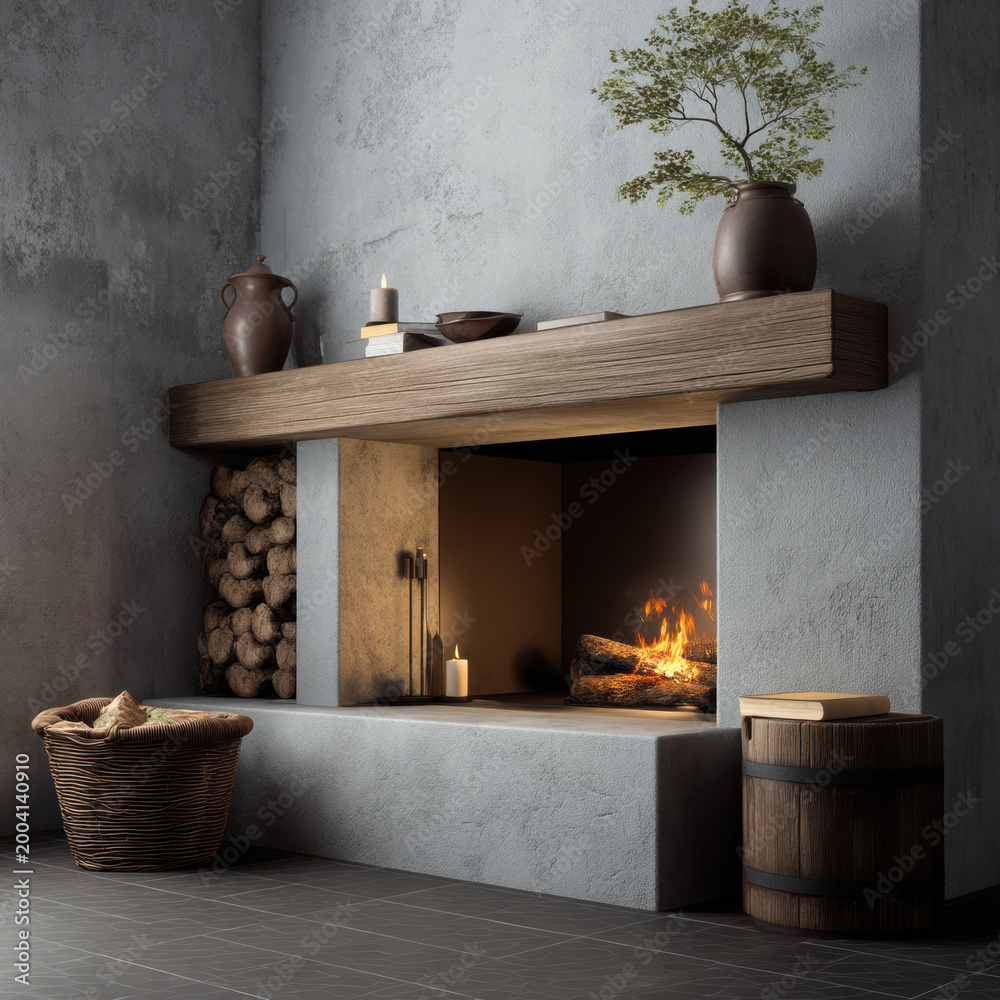 Fototapeta premium Modern fireplace with clean concrete wall, wooden mantel, burning fire, stacked logs, rustic decor, cozy atmosphere, and natural elements